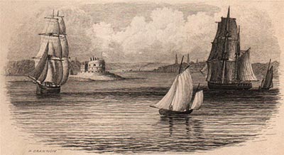 A distant view of Calshot Castle depicted on an 1853 print by Brannon