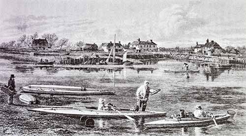 An image from Hawker's diary captioned 'Return to Keyhaven after a day's gunning, in the winter of 1838'