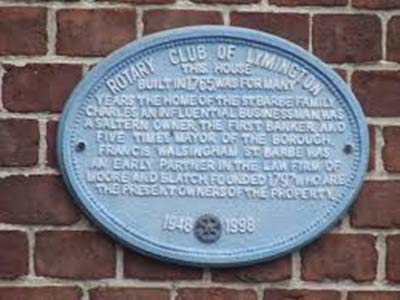 The Blue plaque on the St. Barbe family home in Lymington reads: 'This house built in 1765, was for many years the home of the St. Barbe family. Charles, an influential businessman was a saltern owner, the First Banker, and five times Mayor of the Borough. Francis Walsingham St. Barbe was an early partner in the law firm of Moore and Blatch, founded 1797, who are the present owners of the property'.