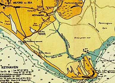 This 1943 Admiralty chart shows well Keyhaven, Hurst Spit and 'Hurst Fort'