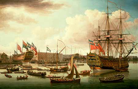 The launch of The Cambridge at Deptford in 1755 illustrates a scene enacted many times at Buckler's Hard, though probably without an accompanying Man of War - in this case, the 100-gun Royal George