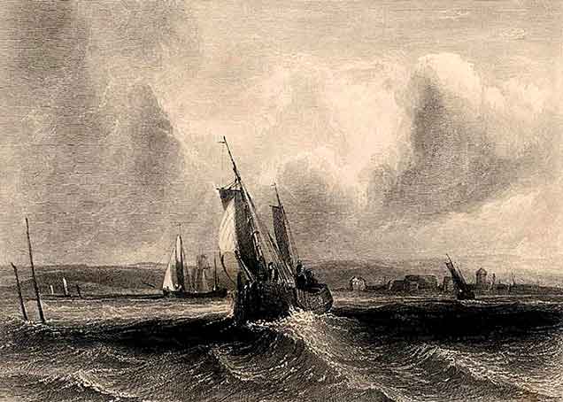 Although titled 'Hurst Castle, Lymington River', this 1834 print shows shipping close to Hurst Spit, where there is a tantalising glimpse of the spit settlement