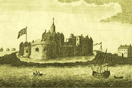 Hurst Castle shown on an 18th century print - notice the building to the right, on the Spit, which was one of a number present at this time