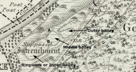 Castle Hill, Ringwork and Bailey Castle as it appears on the Ordnance Survey 1871, 6 inches to the mile map