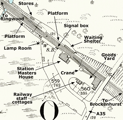 Holmsley station as it was shown on the 1897 Ordnance Survey 25 inch to the mile map (with further annotation added)
