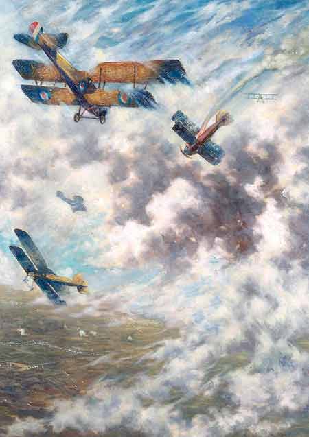 An artist's impression of an incident on the Western Front - in the upper foreground a biplane of the RAF flies towards a stricken German biplane, which is falling towards the ground leaving a trail of smoke in its wake - Image courtesy of the Imperial War Museum)