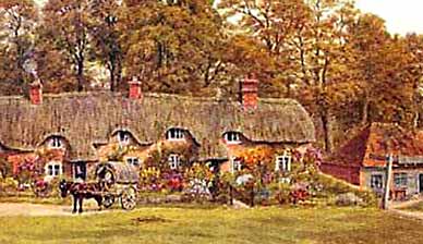 A watercolour painting by A.R. Quinton (1853 to 1934), published as a postcard. (It features the same row of thatched cottages shown on the previous image and also the adjacent building suspected of being the Swan Green smithy).